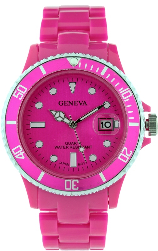 GENEVA FUSICHA RESIN, PLASTIC ROUND DIAL LADY LINK WATCH WITH DATE