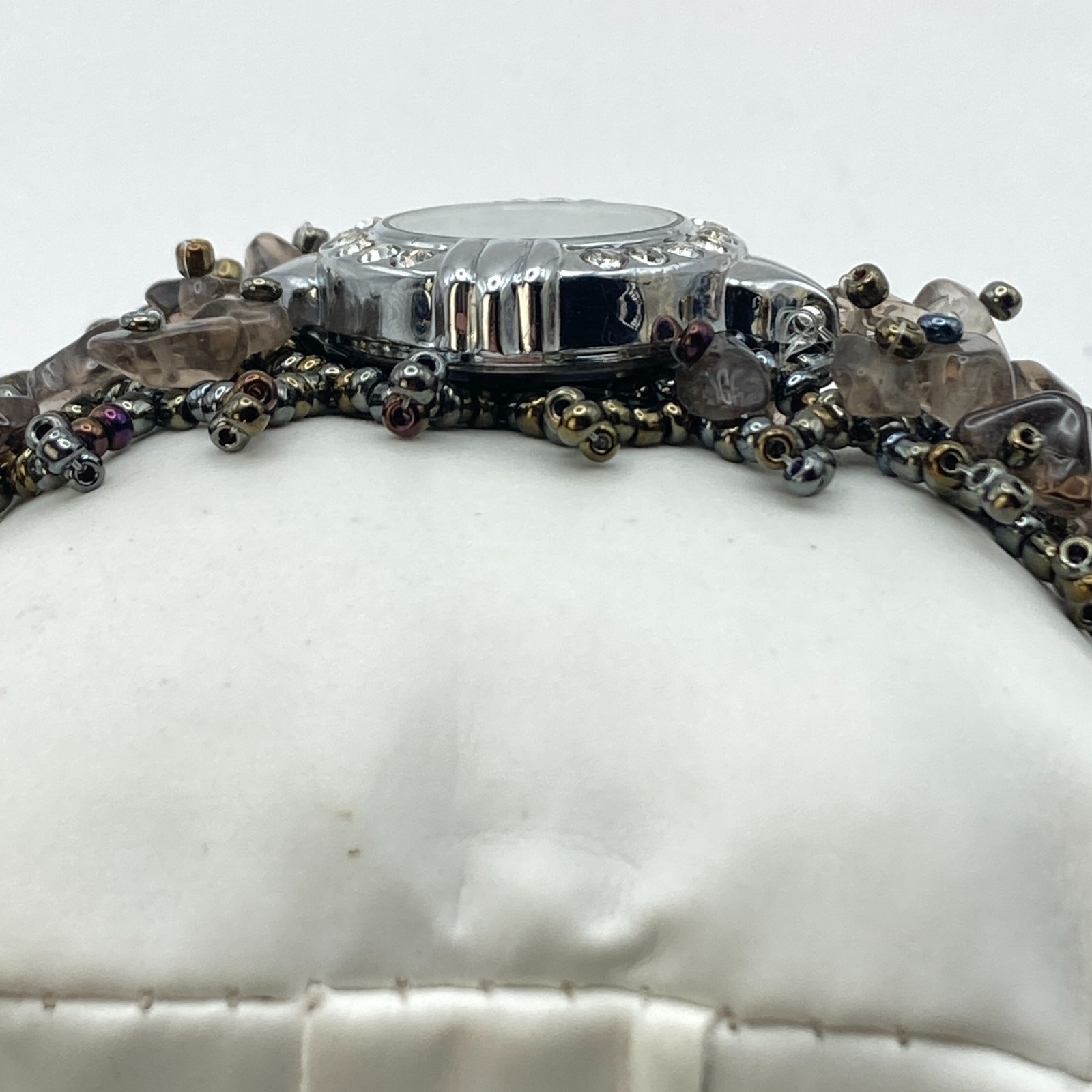 Artisan Womens Watch Beaded Gemstone Silver Tone Crystals New Battery 7.25″