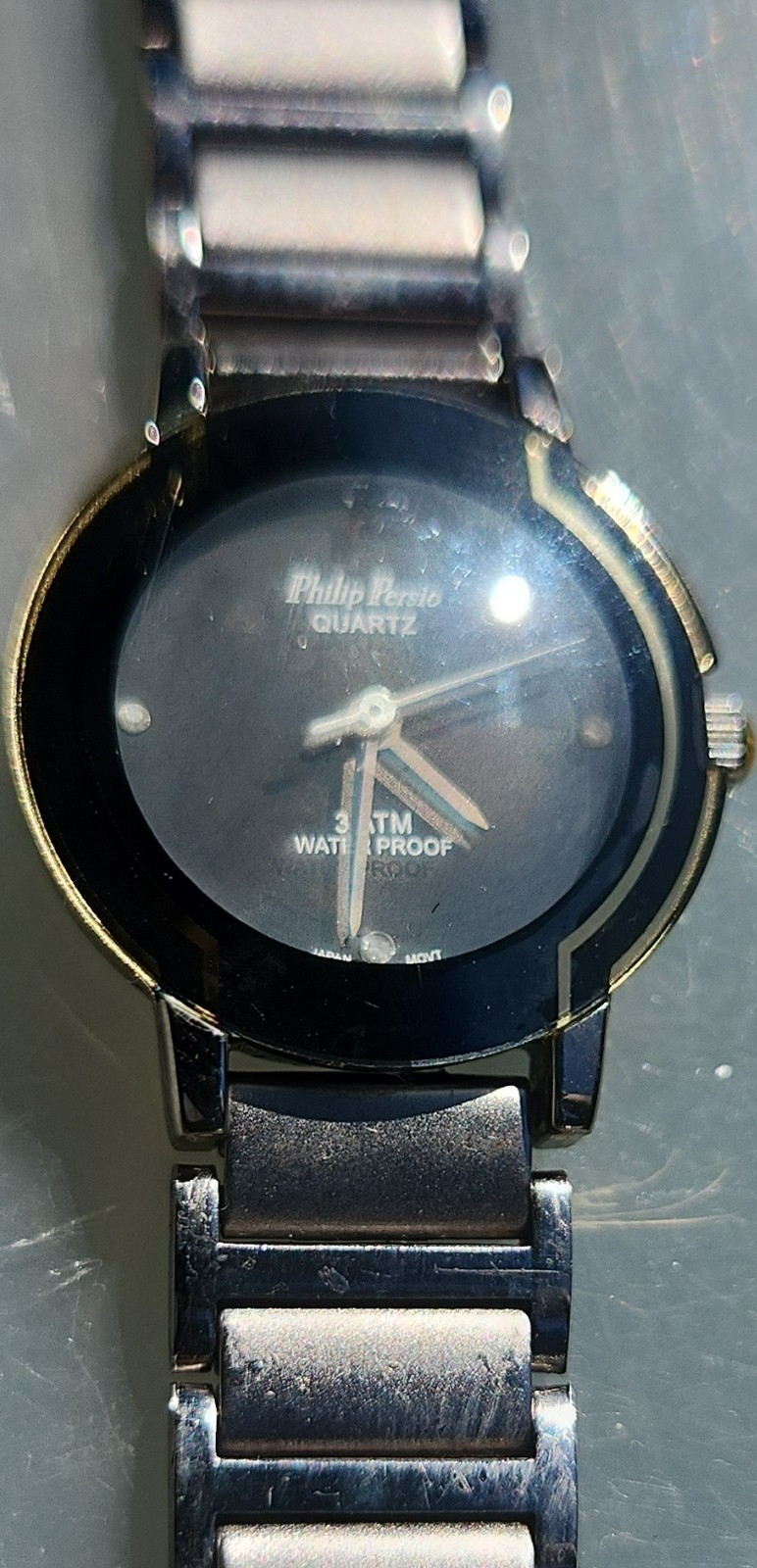 philip persio quartz water-resistant stainless steel black dial stick indexes w…