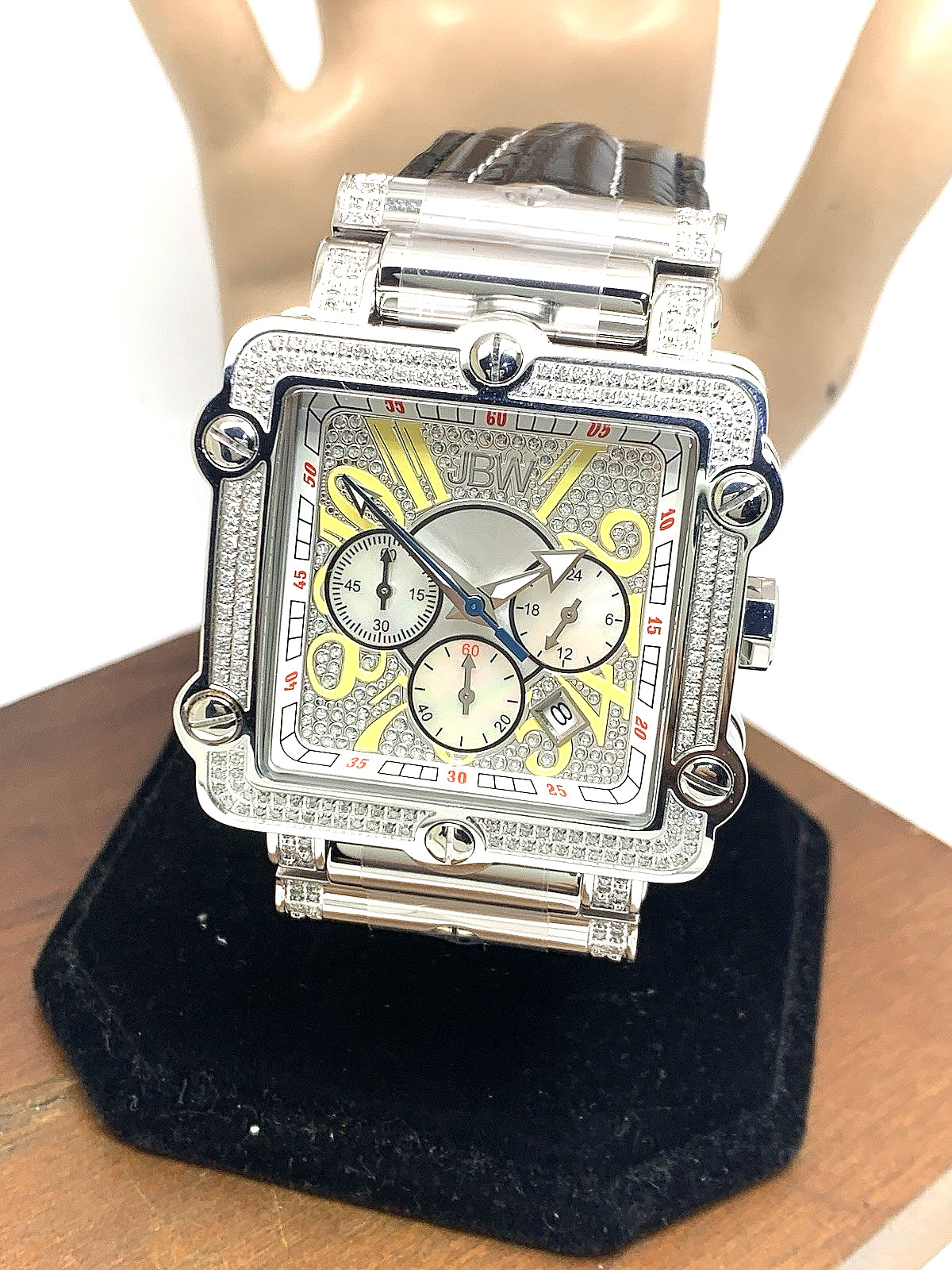 JBW Men’s Watch JB6215 Phantom Diamond Quartz Silver Square 42mm Black Leather