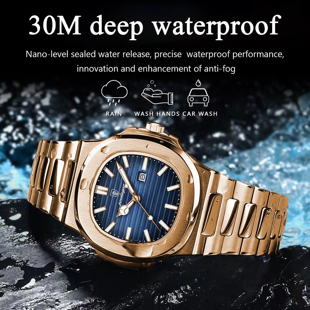 POEDAGAR Square Men Waterproof Luminous Date Stainless Steel Quartz Watch