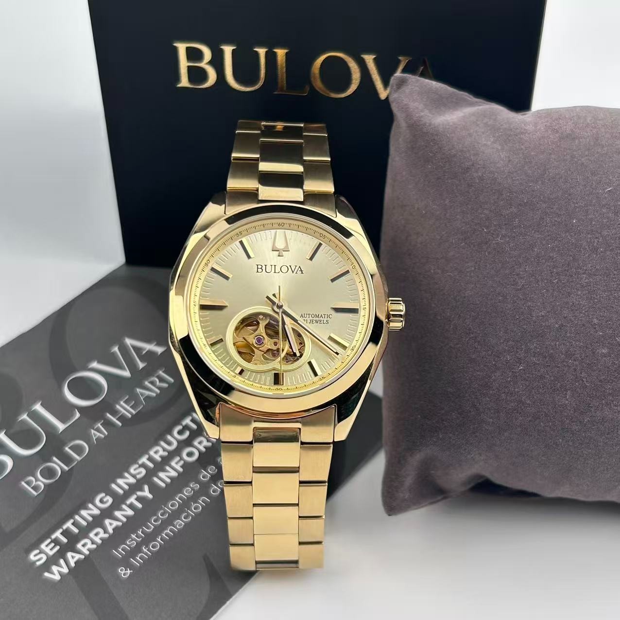 Bulova Surveyor Men’s Automatic Watch Gold Tone Dial Stainless Steel 97A182 39mm