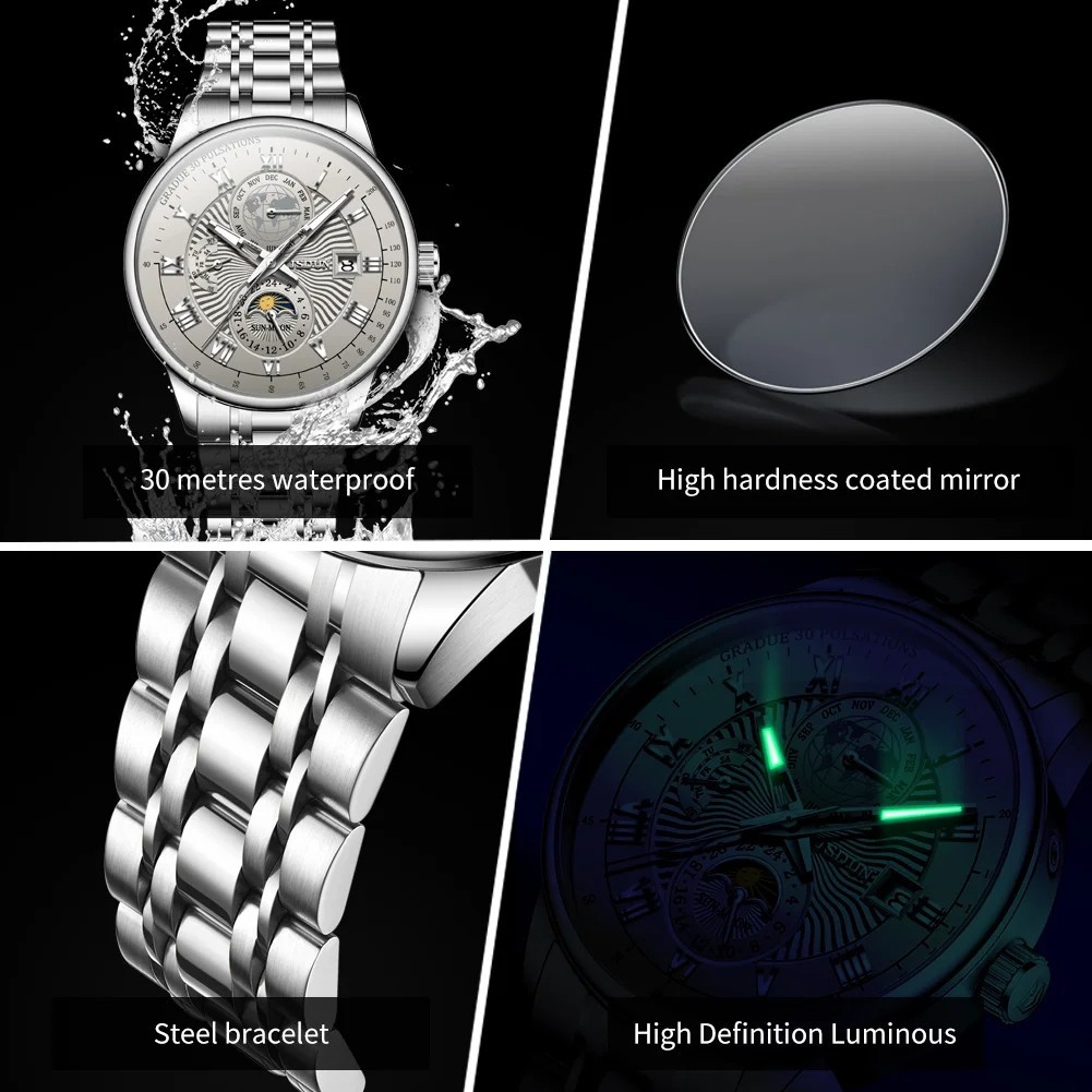 Automatic Mechanical Waterproof Watch Men’s Moon Phase Luxury Date Men Strap