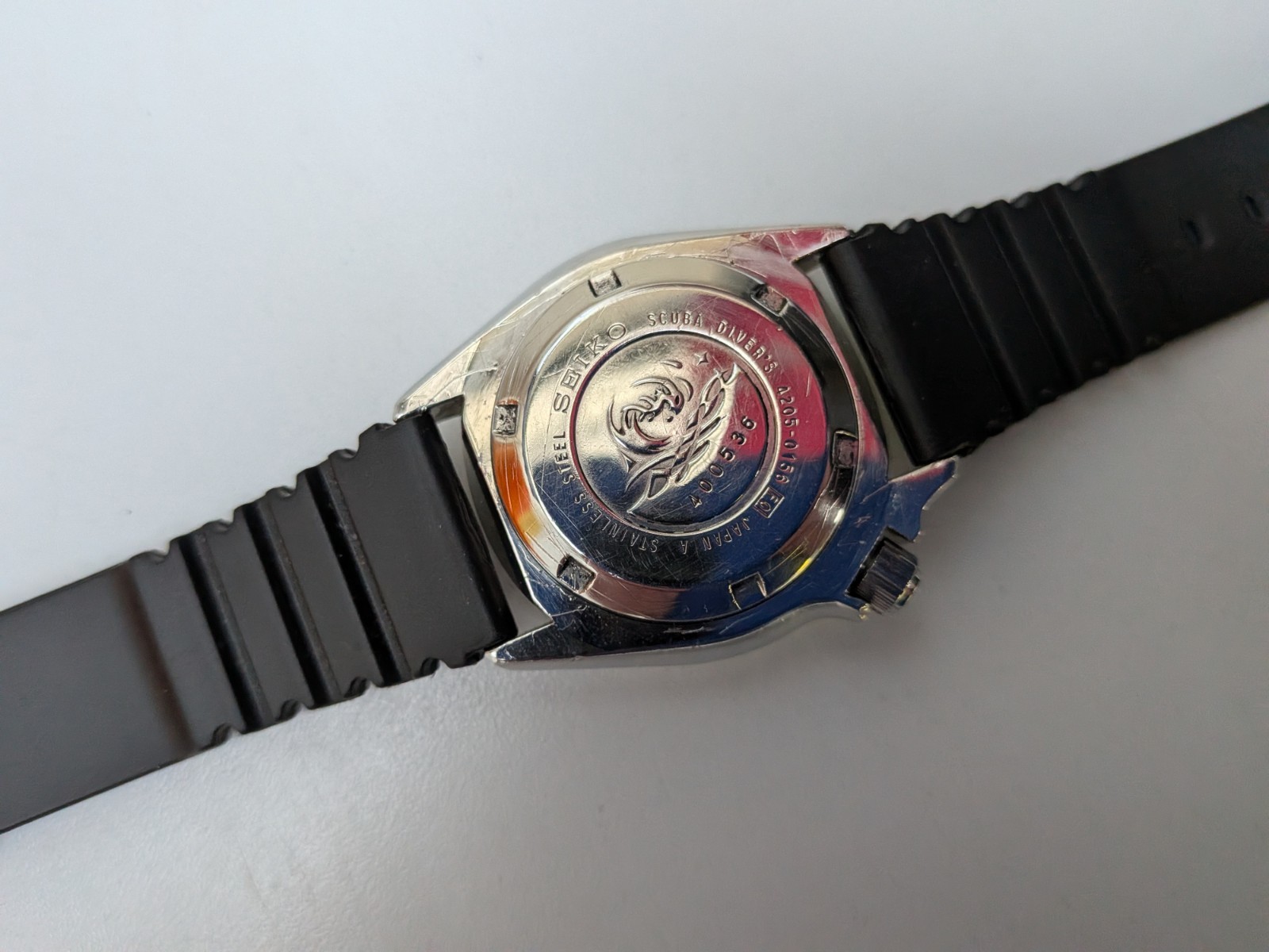 SEIKO Diver Automatic Watch Model 4205-015B Stainless Steel Silver Black Red