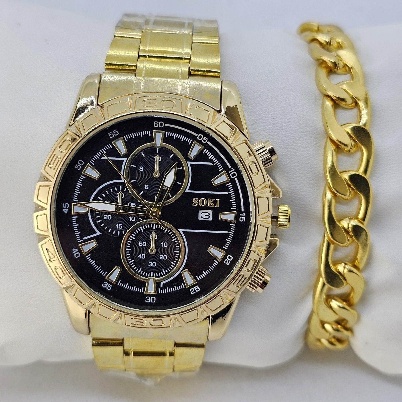 Men’s Watch Bracelet Set 43MM Black Dial Date Gold Bracelet Band 8″ New Battery