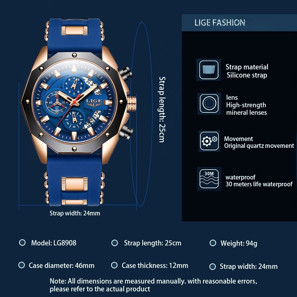 LIGE Men Watch Quartz Date Luminous Chronograph Waterproof Sport Wristwatch Gift