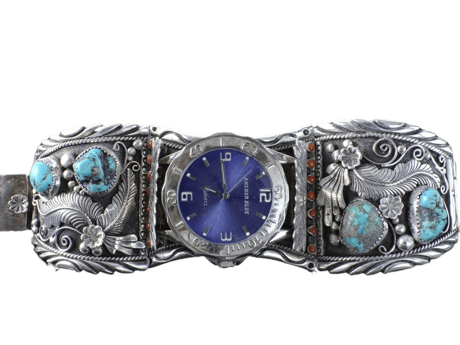 Huge Vintage Navajo Sterling/Turquoise and coral Watch Bracelet
