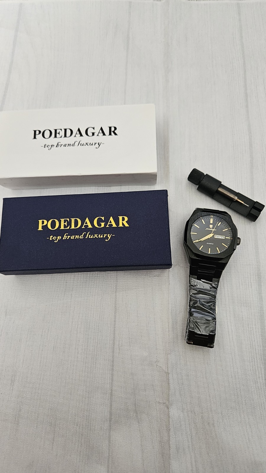 POEDAGAR Men’s Quartz Analog Day/Date Black SS 40mm Octagon Watch w/ Box