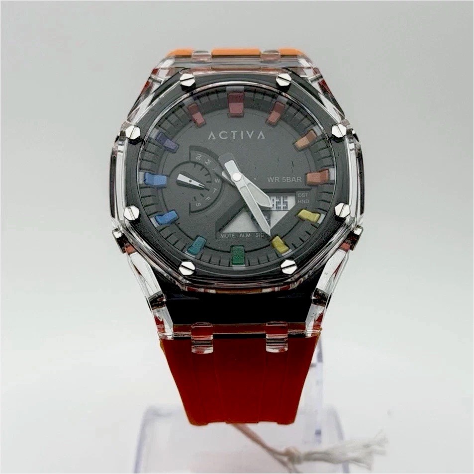 ACW2100-005 Quartz Analog Wristwatch 50m Orange Silicone Strap w/ Box