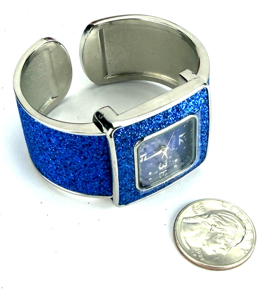 Strada Blue Stardust Watch Set w Glitter Cuff Bracelet and Gift Box NEW BATT