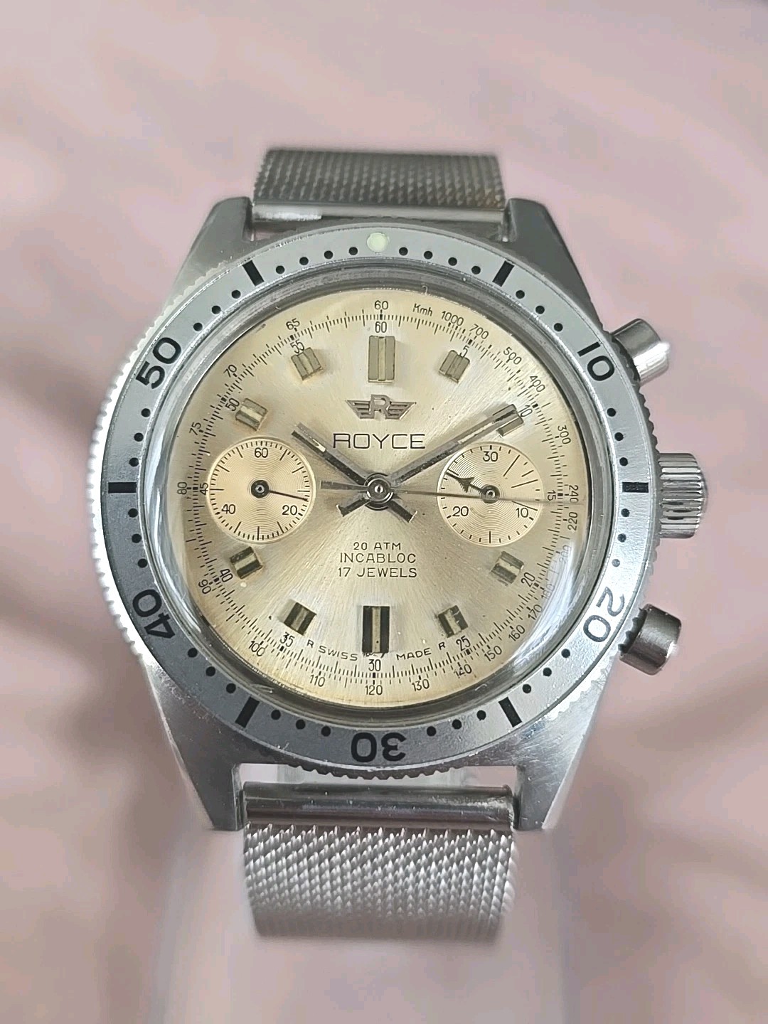 Mens Vintage Stainless Steel ROYCE 17 Jewels Divers Style Mechanical Chronograph