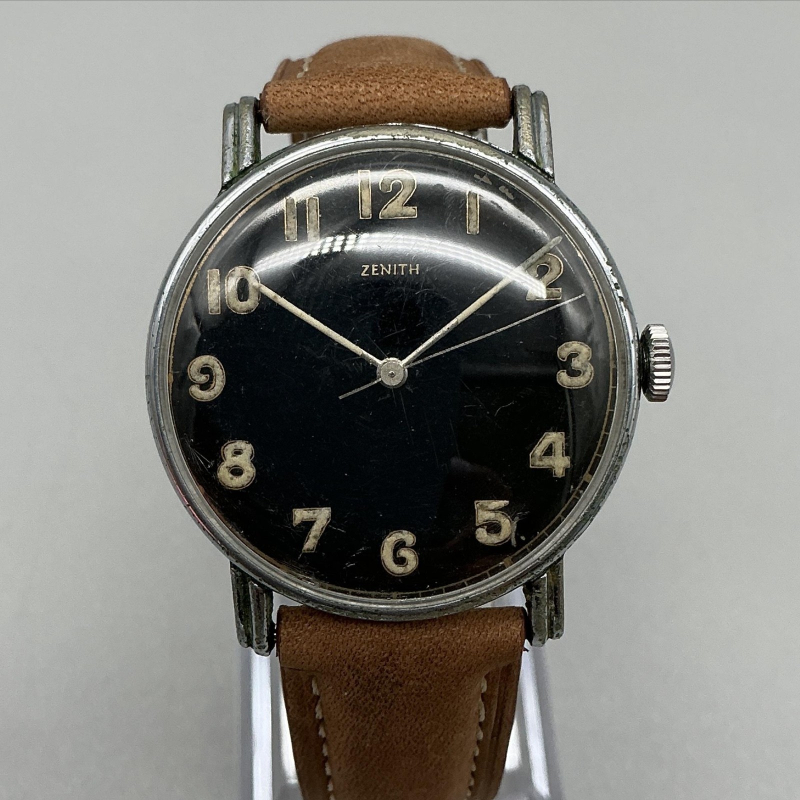 Vintage Zenith Mens Watch 35mm Black Arabic Dial Silver Tone Leather Manual Wind