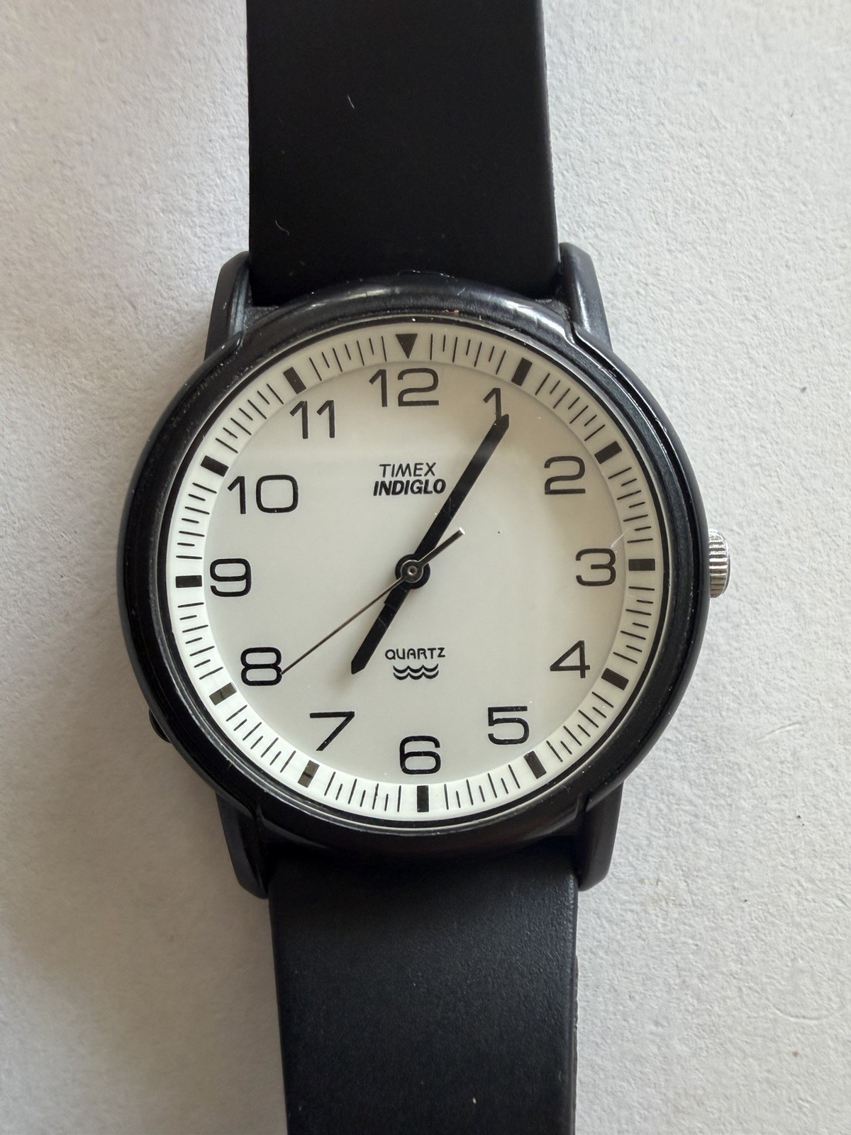 Timex Indiglo Quartz Analog White Dial 34mm Black Plastic Strap Water Resist