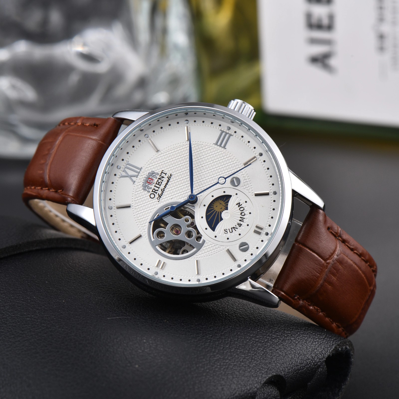 Orient Sun & Moon Semi Skeleton Automatic Watch Men’s Leather Strap Luxury Gift