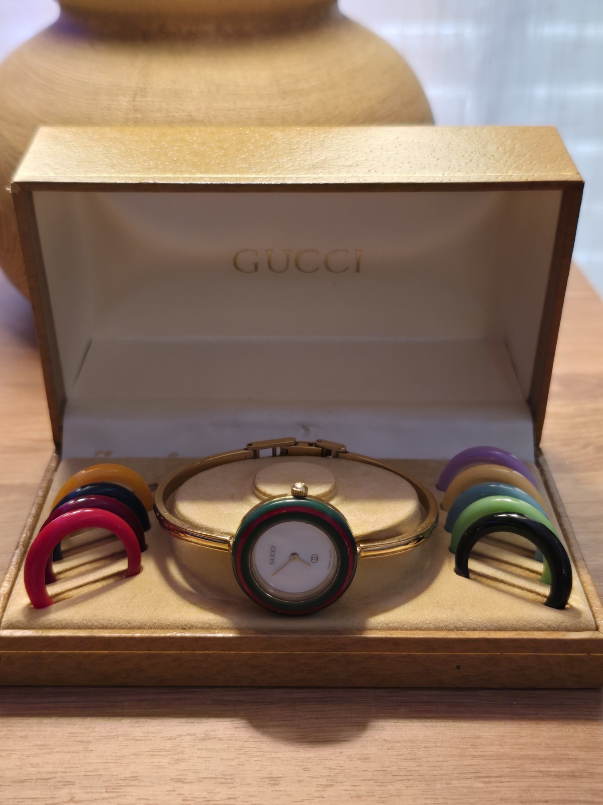 Gucci Change Swiss Made Quartz Gold Bangle Watch w/ Interchangeable Bezels Box