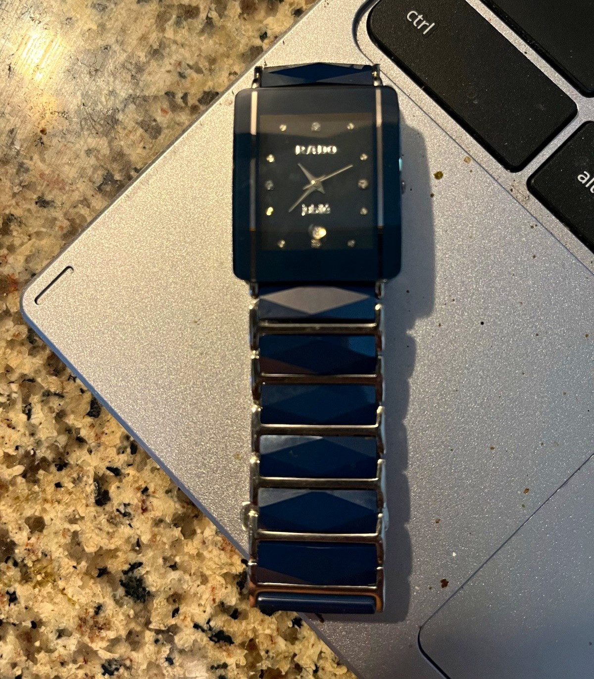 Rado DiaStar Black Ceramic Rectangle Quartz Watch, Diamond Dial Markers 30m