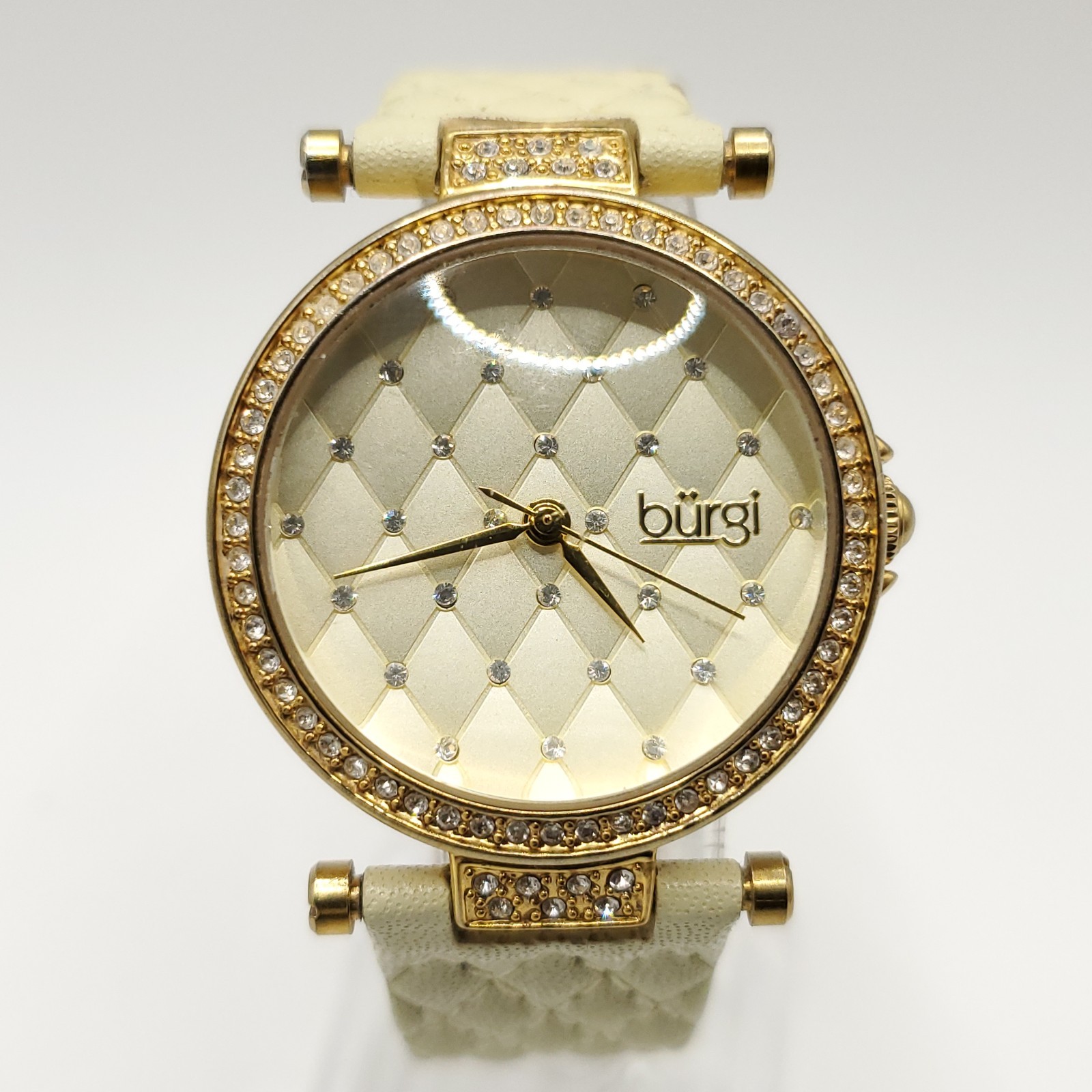 Burgi Quartz Womens Watch 31mm Gold Tone Rhinestone Bezel New Battery