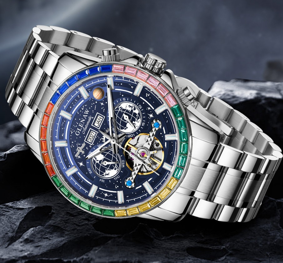 GLENAW Men’s Automatic Watch Rainbow Gemstone Bezel Blue Dial Steel Strap Wristw