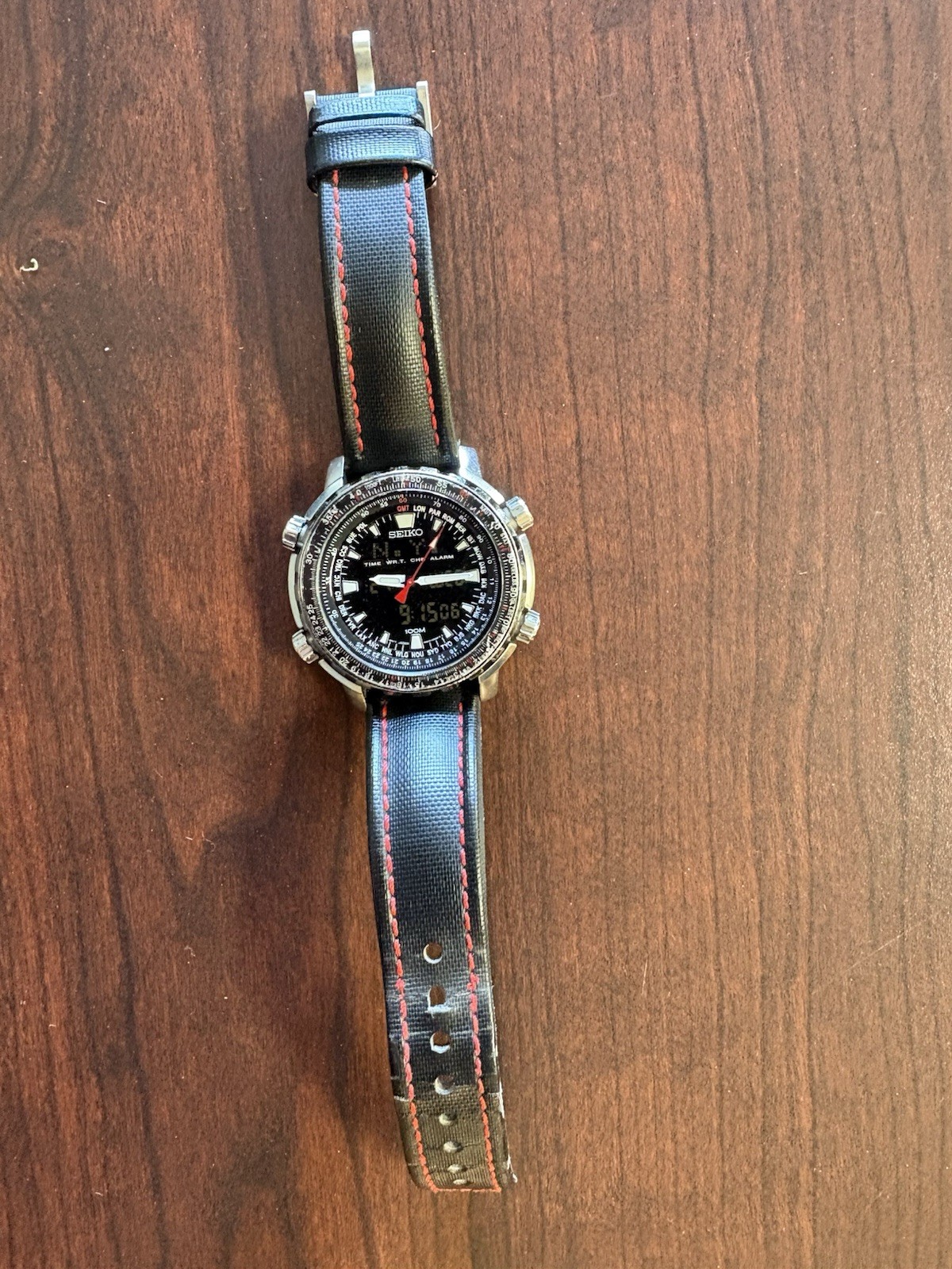 Seiko Flightmaster Analog/Digital Quartz Black Dial 100m Slide Rule Leather