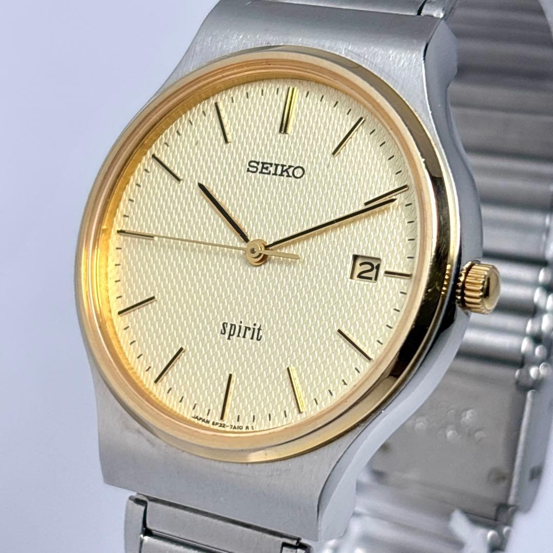 SEIKO SPIRIT 5P32-7A00 Quartz Watch 33mm Gold Wave Dial SS Band 17.5cm
