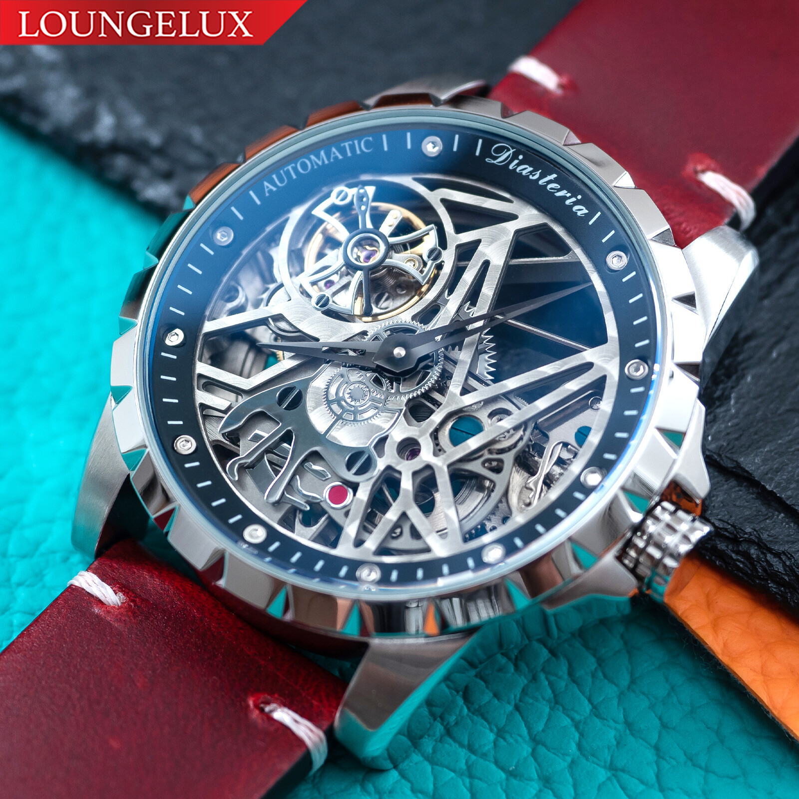 Mens Silver Automatic Mechanical Watch Dark Red Oil Waxed Leather Strap Gift