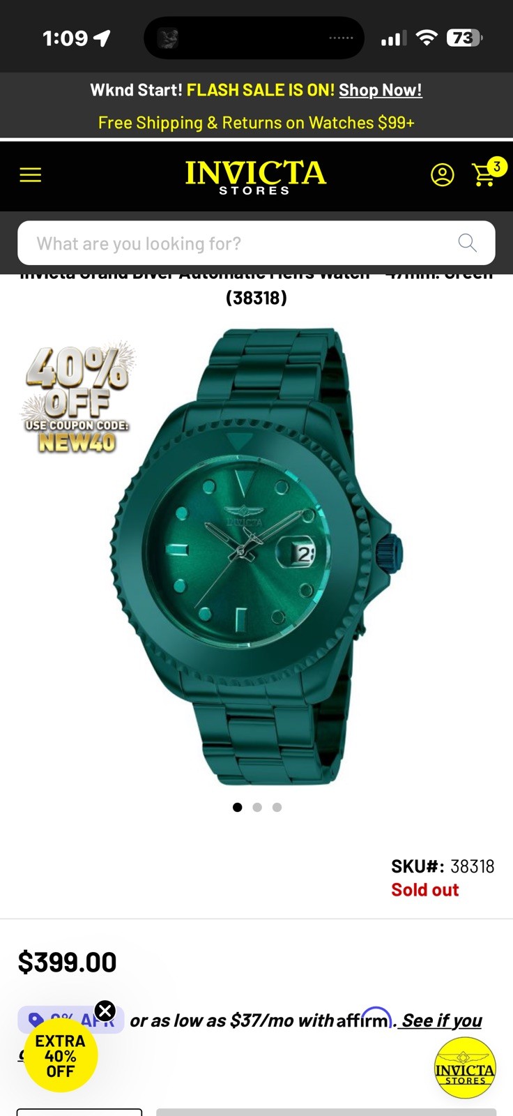 Invicta Pro Diver Automatic Men’s Watch 47MM GREEN – 38318 WITHOUT BOX
