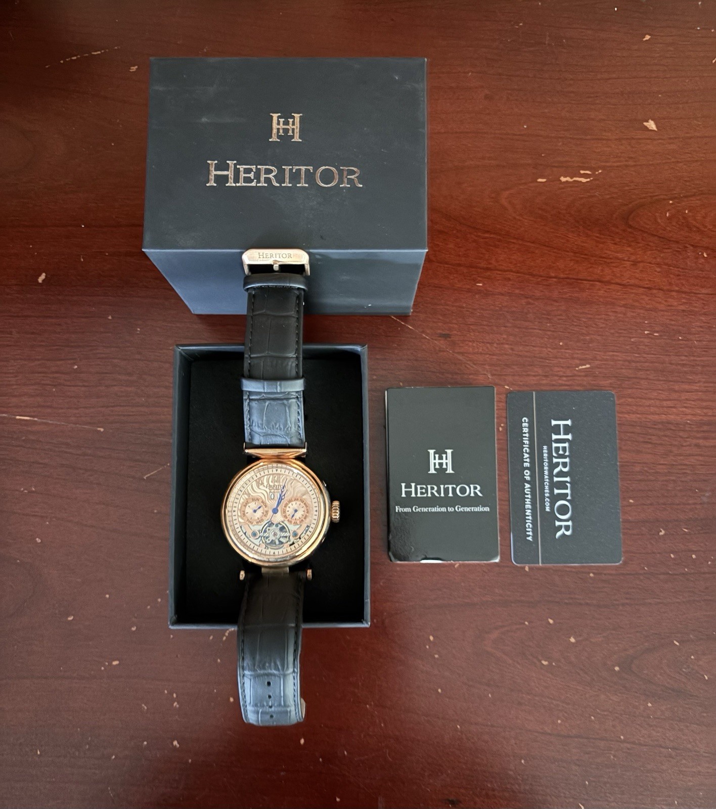 Heritor Automatic Ganzi Semi-Skeleton Leather-Band Watch – Rose Gold/Black