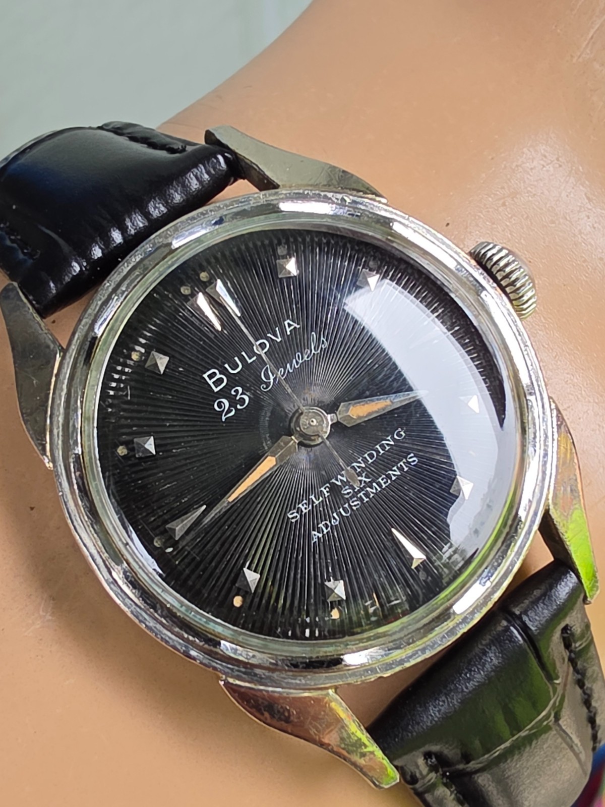 Vintage Bulova 23 “A” Men’s automatic watch 10K RGP Black Sunburst dial 1955