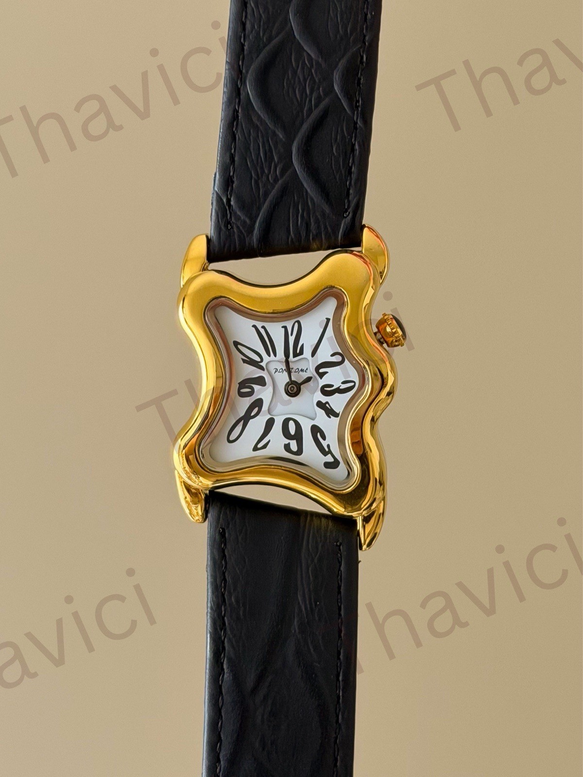 Wavy Surrealist Square Dial Gold Watch with Black Leather Band Unisex Gift New