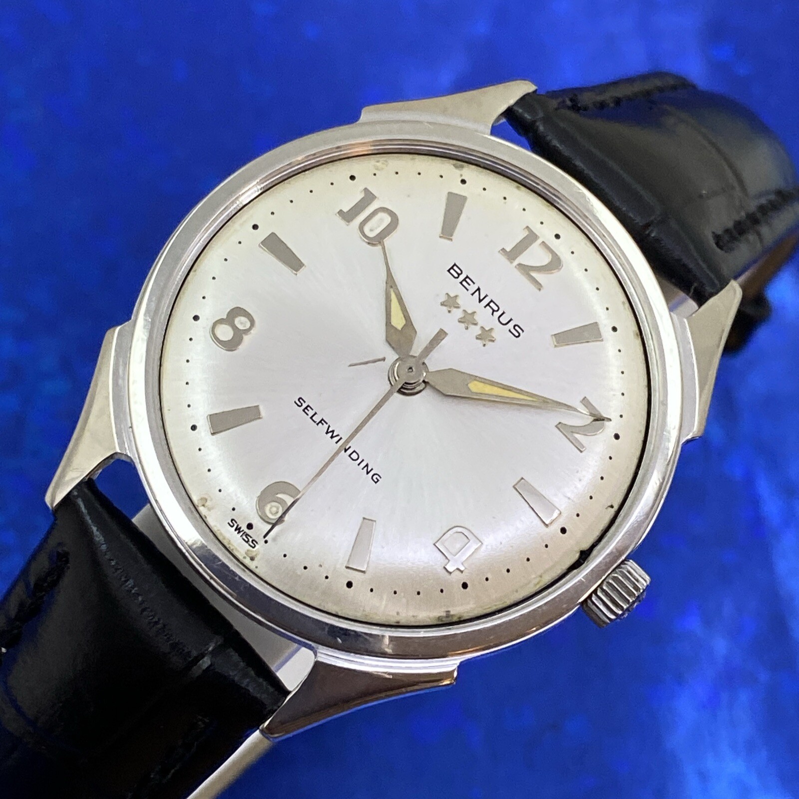 Vintage 1960’s Man’s BENRUS 3 Stars Stunning Silver Dial Fully Serviced WARRANTY
