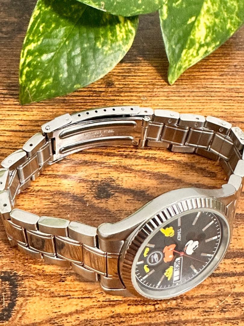 BEAMS × TIMEX Mickey Mouse Wristwatch Black/Silver Anime Manga from Japan Used