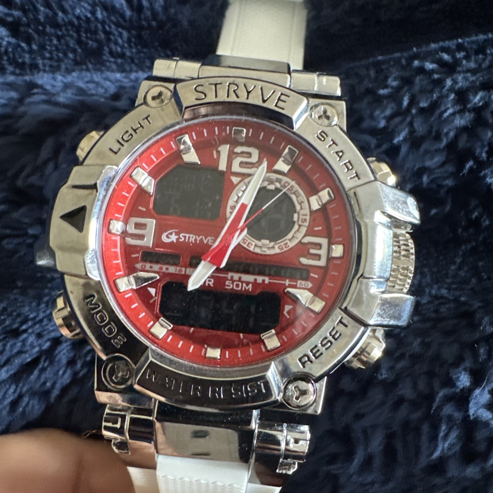 Stryve Men’s Wristwatch Chrome and Red Face Digital Display White Band BN w/o b