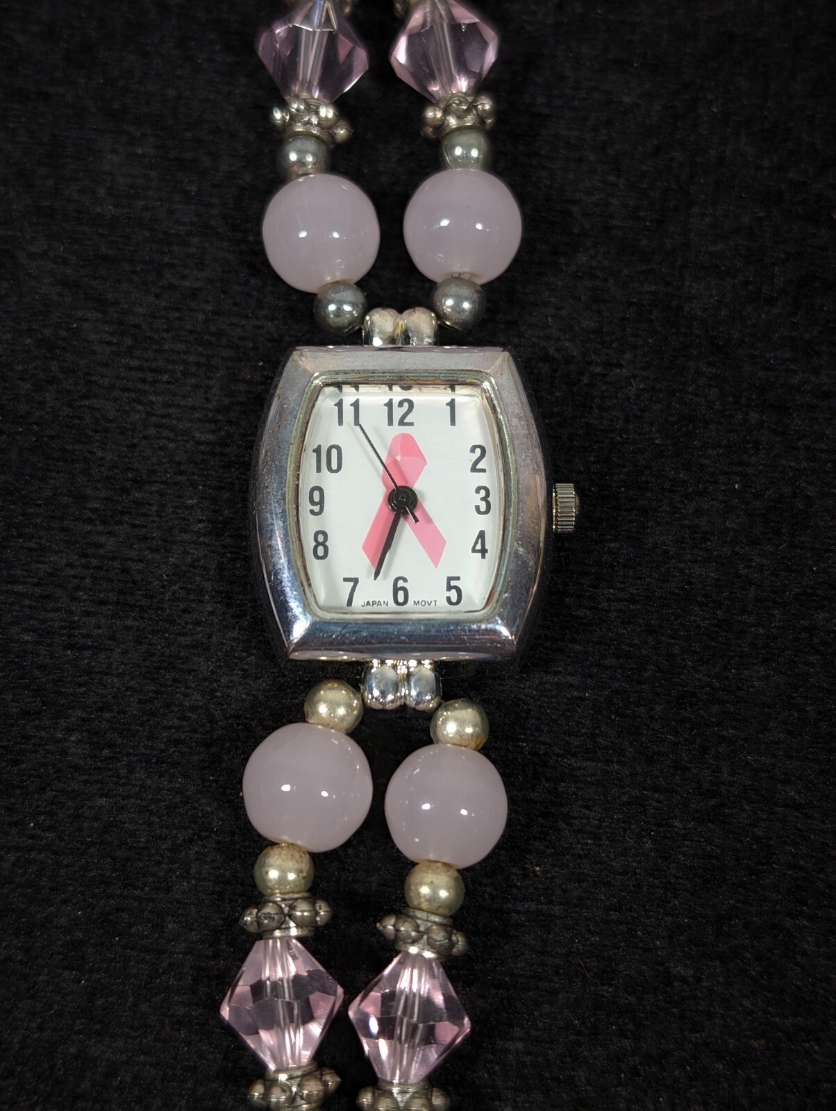 Pink Ribbon Awareness Glass Bead Toggle Bracelet Watch 6.5 inches