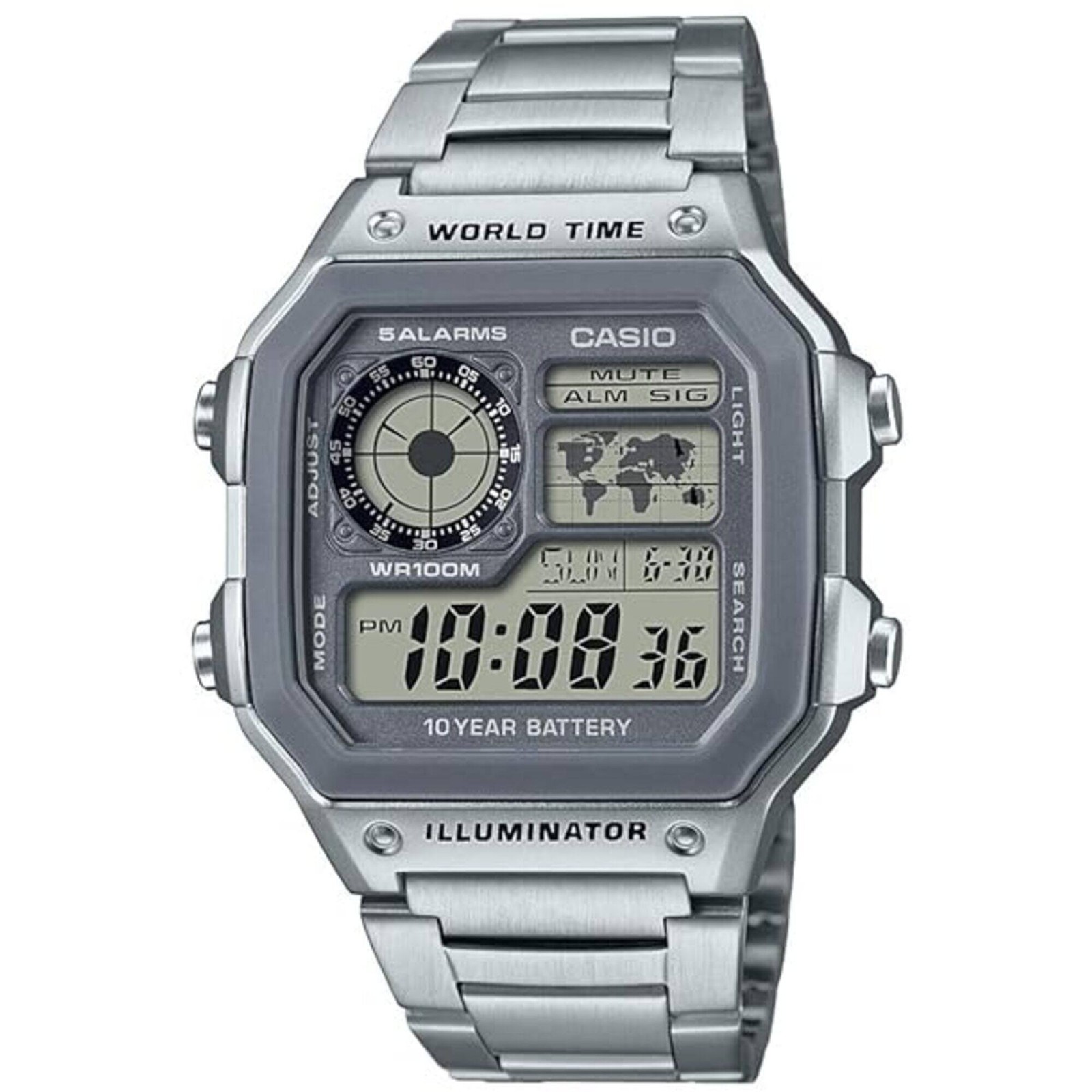 Casio Men’s Watch World Time Grey Digital Dial Silver Bracelet AE-1200WHD-7A