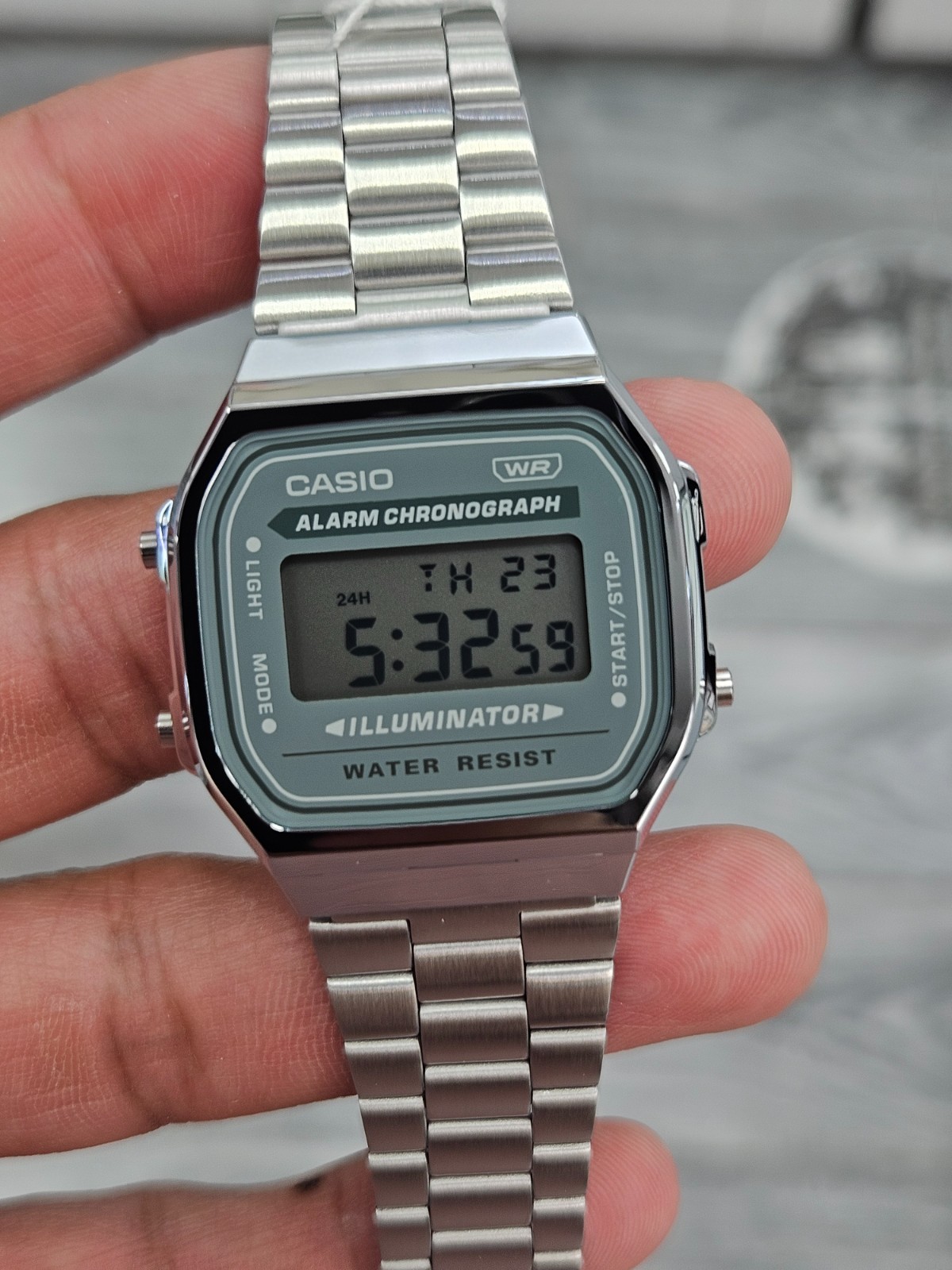 Casio A168WA-3A Vintage Retro Digital Watch Stainless Steel Green Face Illuminat