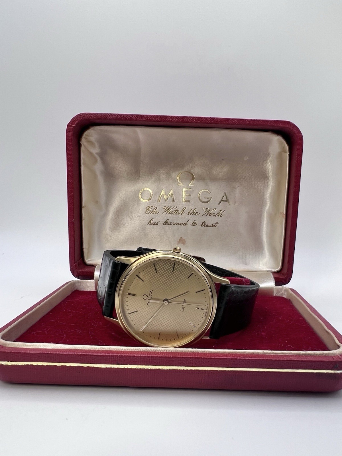 Vintage Rare Thin Omega Deville Gold Plated Guilloché Dial Men’s Watch With Box