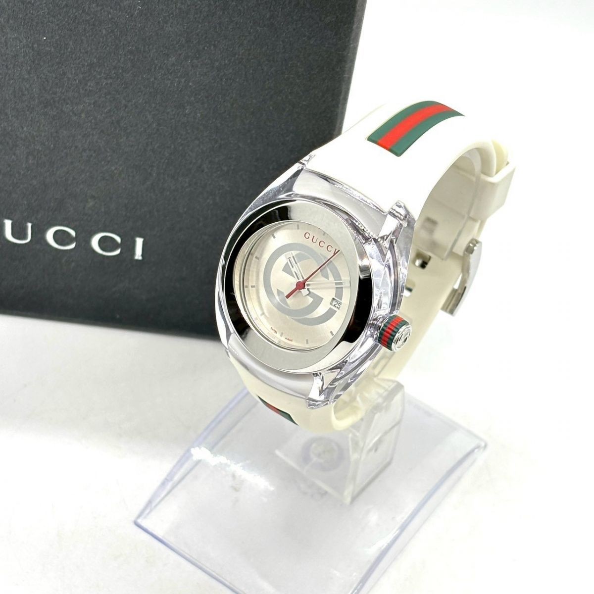 GUCCI Watch Sync Interlocking Sherry Line Rubber Quartz 137.3 White From Japan