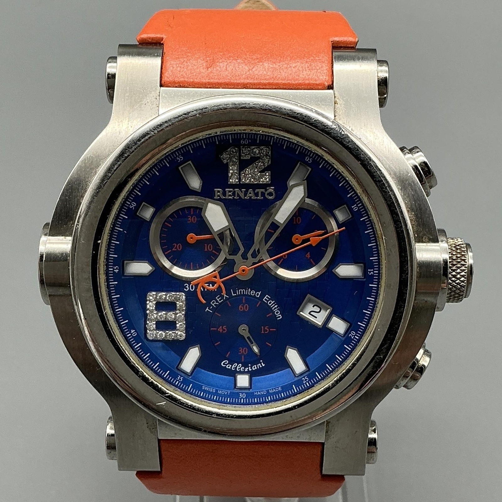Renato Mens Watch 42mm Blue Dial Chronograph Date Orange Leather New Battery