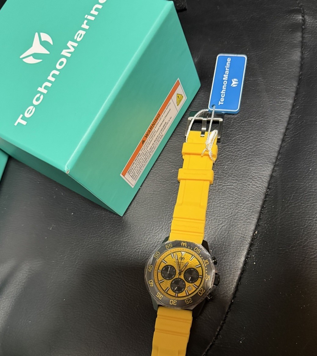 TechnoMarine Men’s Quartz Chronograph Date Yellow Dial Rubber Strap 45mm Box