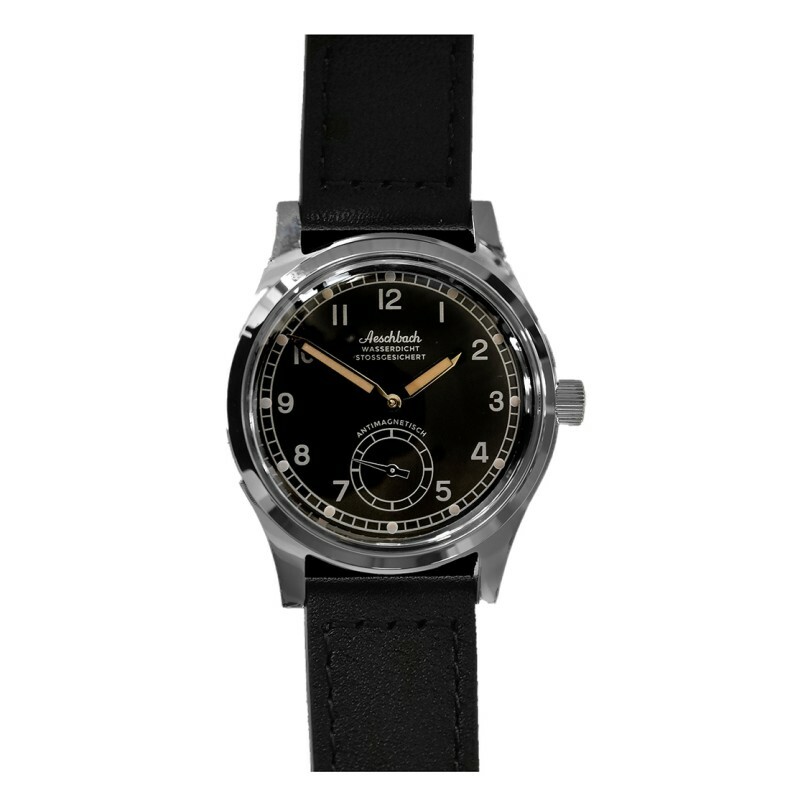 MWC Aeschbach WW2 Automatico Acciaio Nero Pelle Militare Orologio Uomo