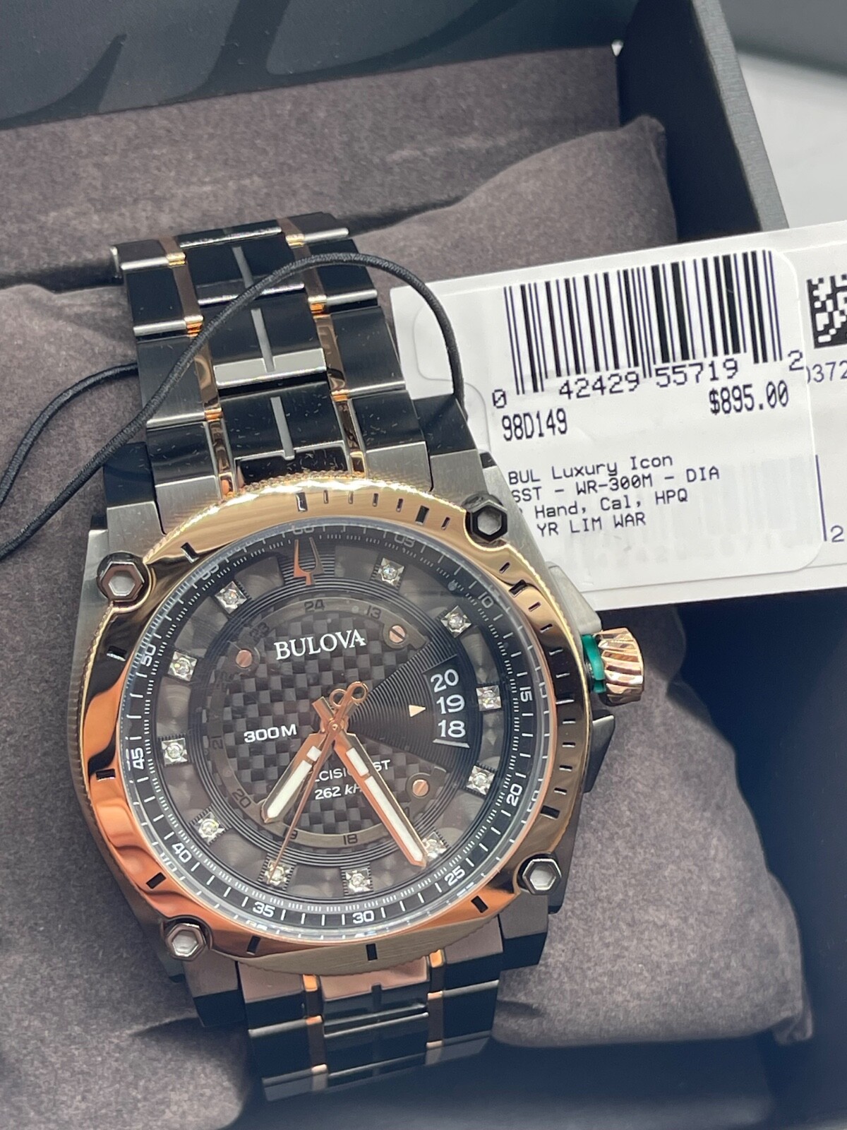 Bulova Precisionist Quartz Diamond Accent 2-Tone Black 46mm Watch 98D149 ROSE G