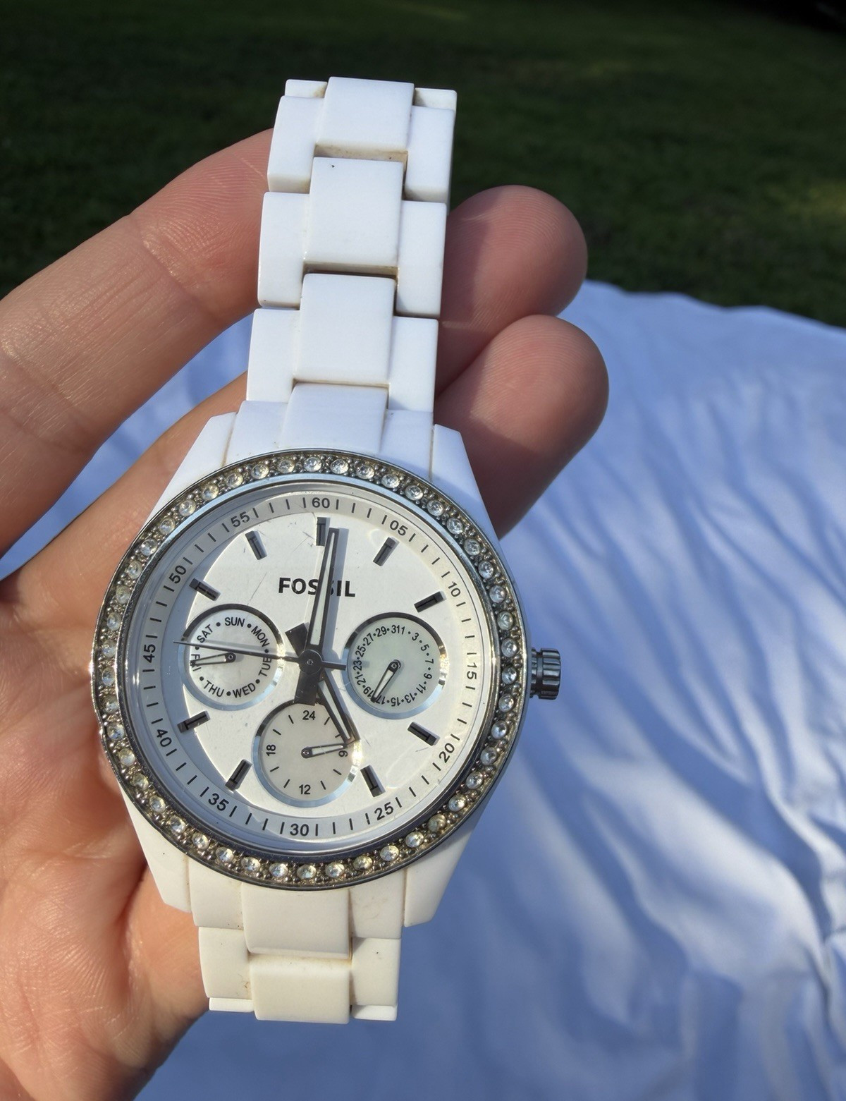 Fossil Stella ES1967 Women’s White Resin Watch Multifunction Crystal Bezel 37mm