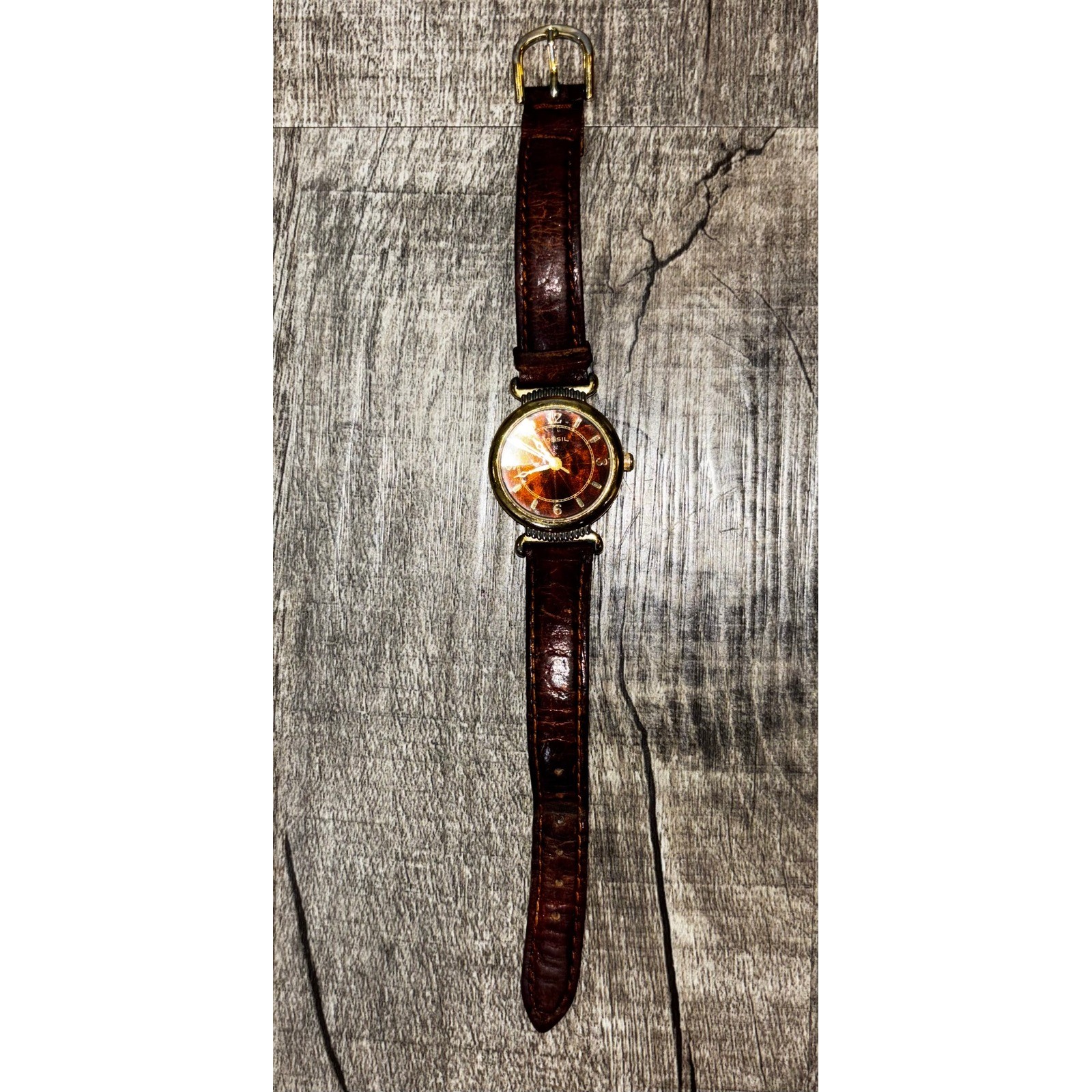 Fossil PC-9618 Women Watch Brown Leather Band Gold Tone Tortoise Dial Vintage