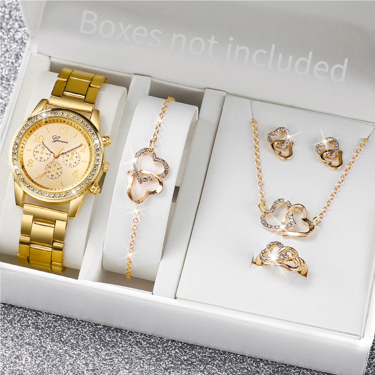 6-Piece Women’s Quartz Watch Jewelry Set with Rhinestone Stainless Steel Band