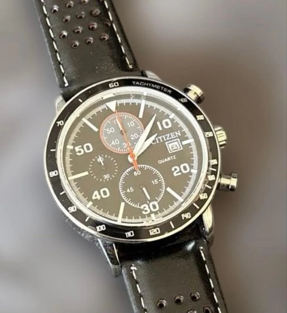 Citizen Chronograph Quartz Mens Stainless Steel Gray Dial Black Leather