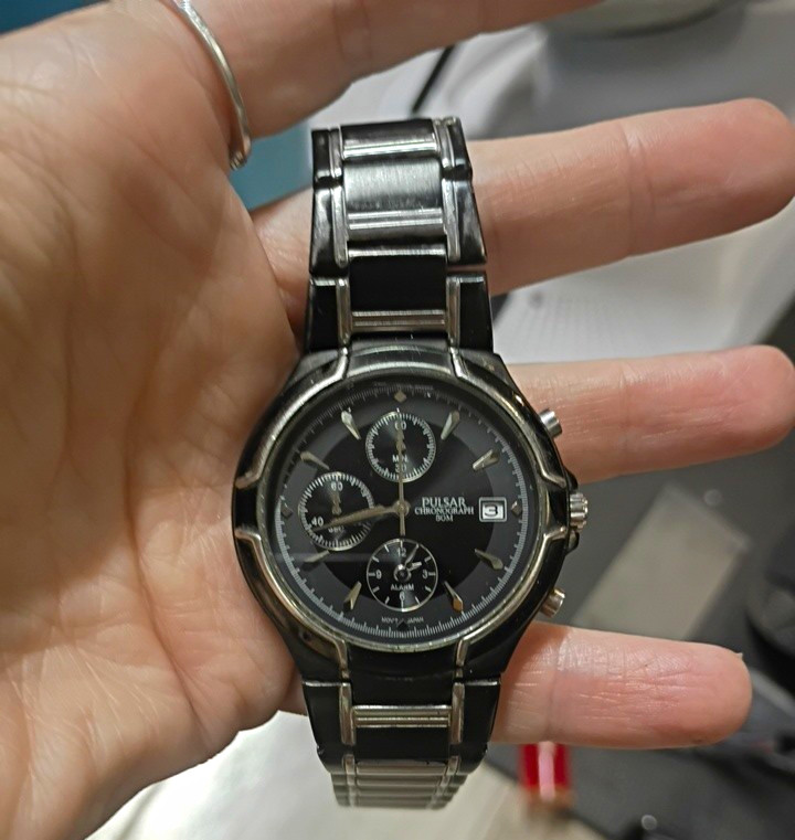 Pulsar Chronograph Alarm Quartz Watch Black Dial Date 40mm SS Bracelet 50m