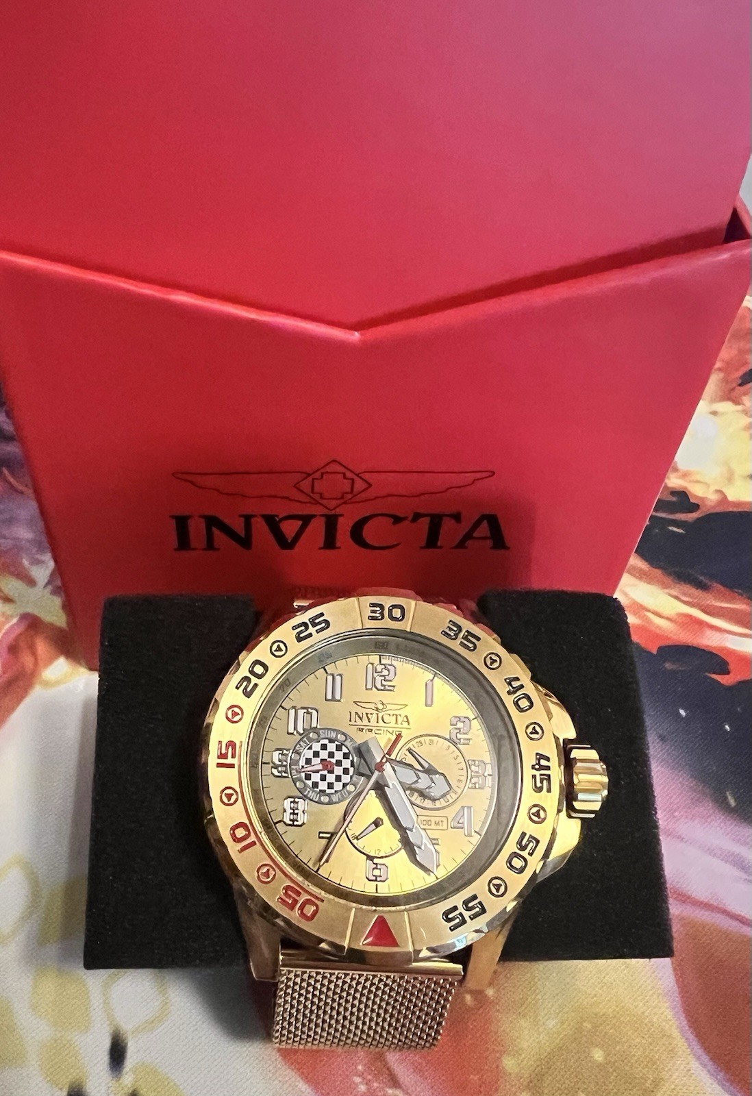 Invicta Men’s Gold Racing Chronograph Watch Mesh Band New w/ Box – Never Worn