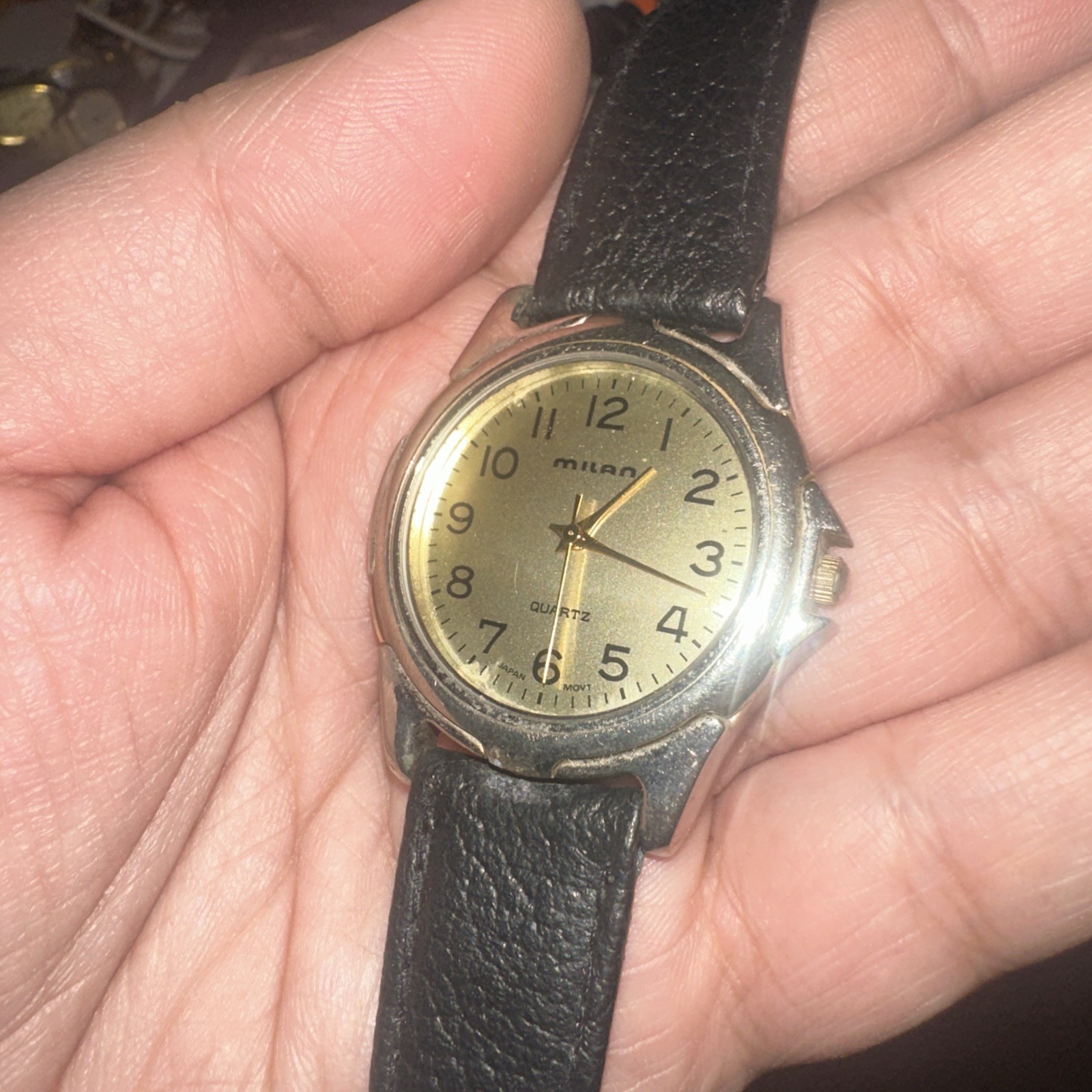 Working Vintage Milan Mens Watch Black Leather Brand New Battery 35mm Fit 8.5in”