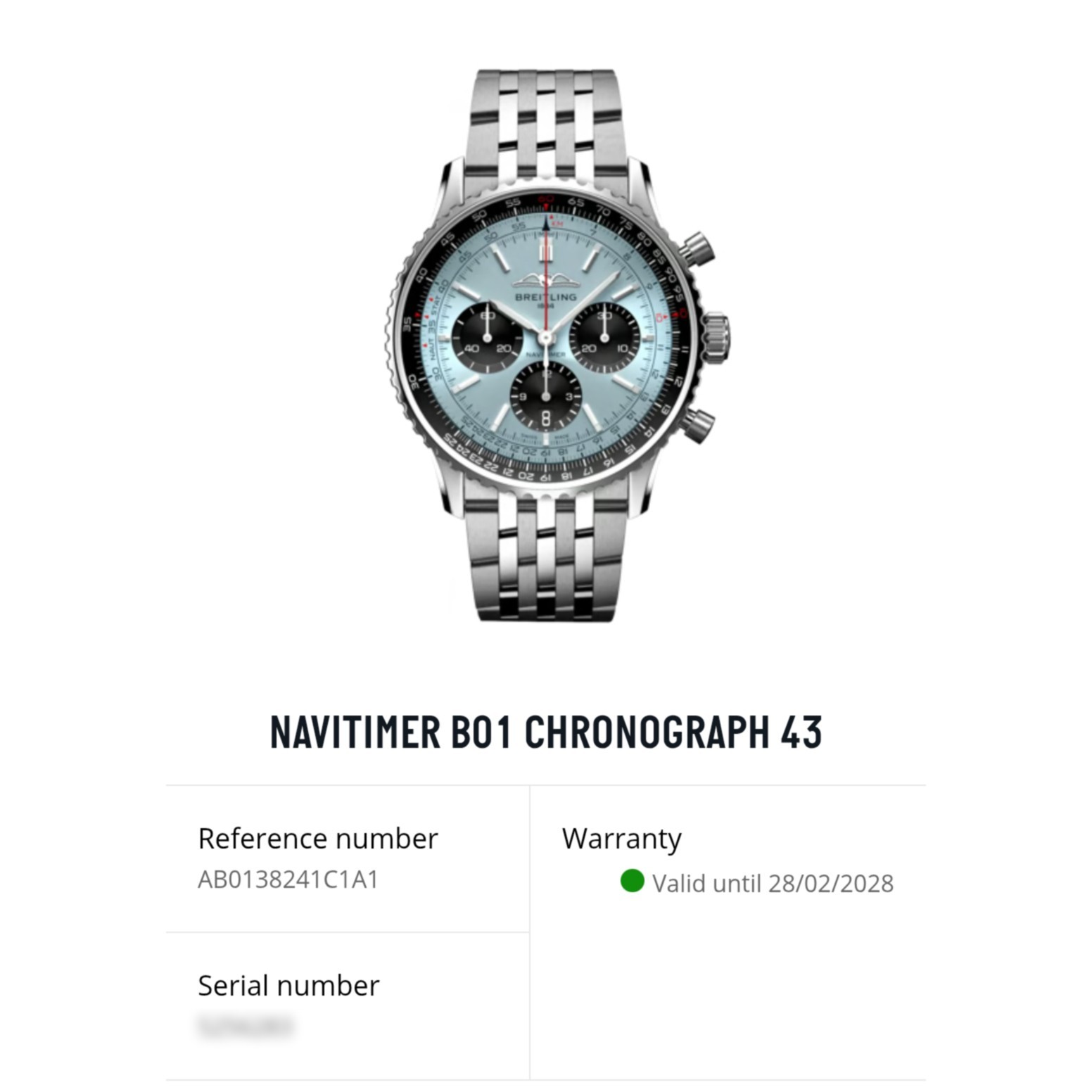 Breitling Navitimer B01 Chronograph 43 Ice Blue Dial Watch AB0138