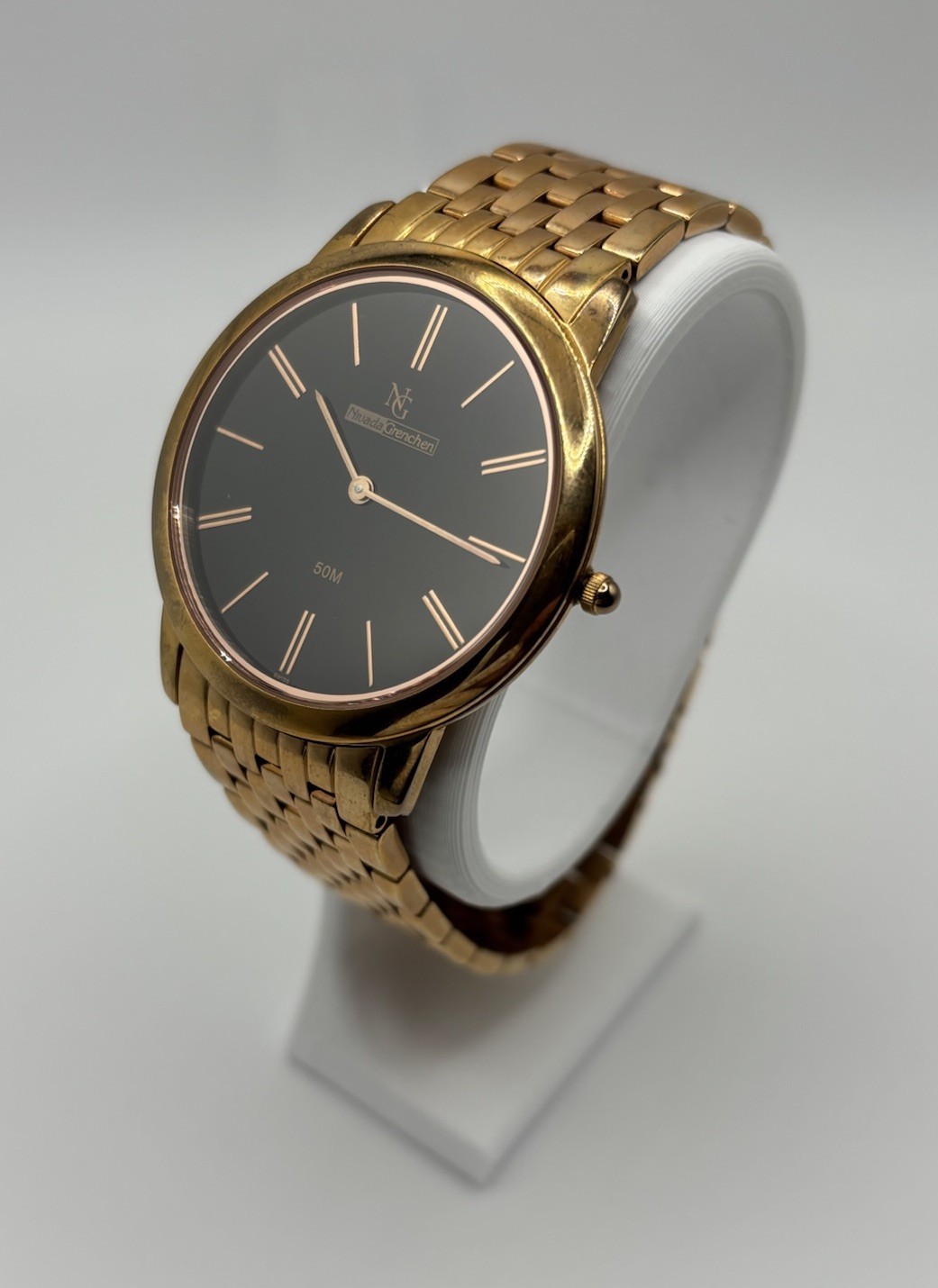 Nivada Grenchen Watch Men 38mm Black Dial Rose Gold Tone Round N013M New Battery